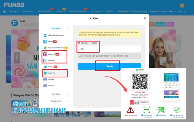 Chọn ví điện tử và thực hiện gửi tiền vào Fun88