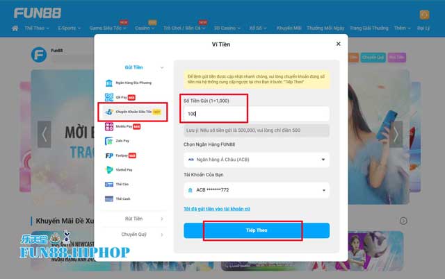 Dùng chuyển khoản siêu tốc nạp tiền Fun88 cực nhanh