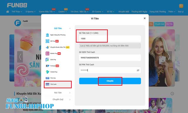 Nạp tiền Fun88 nhanh chóng an toàn với Thẻ Cash
